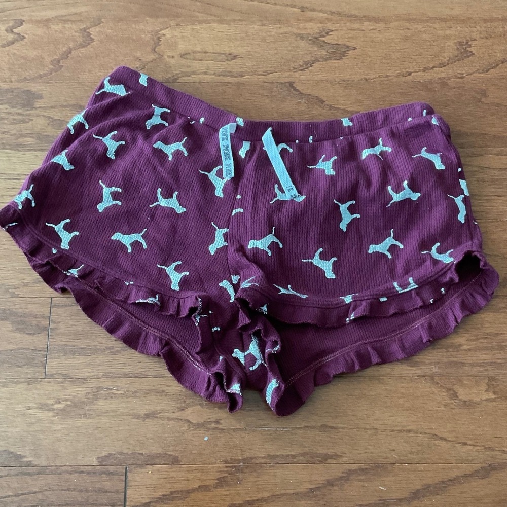 PINK Victoria's Secret Sleepwear Shorts Burgundy Dog Print‎ Ruffle Drawstring